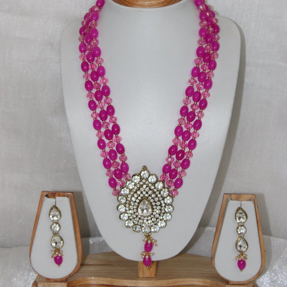 Heavy Pink Kundan Long Necklace Set - Picture 1 of 2